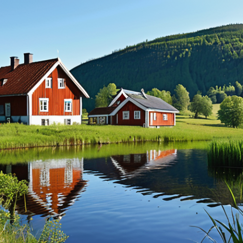 Home 11 **Prompt:** A vibrant restored Swedish lake (Hornborgarsjön) teeming with diverse birdlife, reflecting a clear blue sky. In the background, rolling green hills and a traditional Swedish farmhouse. Focus on the biodiversity and ecological richness.