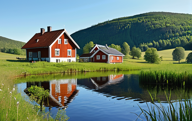 **Prompt:** A vibrant restored Swedish lake (Hornborgarsjön) teeming with diverse birdlife, reflecting a clear blue sky. In the background, rolling green hills and a traditional Swedish farmhouse. Focus on the biodiversity and ecological richness.